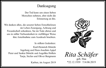 Traueranzeige von Rita Schäfer von Bad Vilbel/Karben