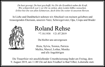 Traueranzeige von Roland Rehse von Bad Vilbel/Karben