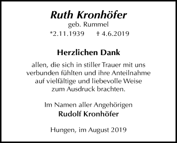Traueranzeige von Ruth Kronhöfer von Licher Wochenblatt