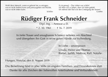 Traueranzeige von Rüdiger Frank Schneider von Licher Wochenblatt