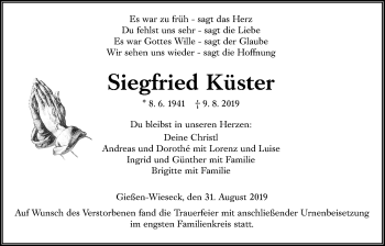 Traueranzeige von Siegfried Küster von Giessener Allgemeine, Alsfelder Allgemeine