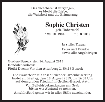 Traueranzeige von Sophie Christen von Giessener Allgemeine, Alsfelder Allgemeine