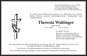 Traueranzeige von Theresia Waltinger von Wetterauer Zeitung