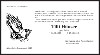 Traueranzeige von Tilli Häuser von Alsfelder Allgemeine