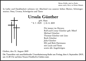Traueranzeige von Ursula Günther von Giessener Allgemeine, Alsfelder Allgemeine