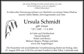 Traueranzeige von Ursula Schmidt von Bad Vilbel/Karben