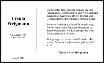 Traueranzeige von Ursula Weigmann von Wetterauer Zeitung