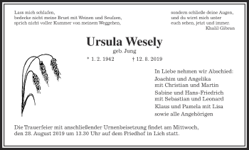 Traueranzeige von Ursula Wesely von Licher Wochenblatt