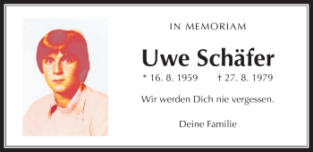 Traueranzeige von Uwe Schäfer von Wetterauer Zeitung