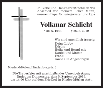 Traueranzeige von Volkmar Schlicht von Wetterauer Zeitung