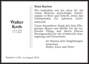 Traueranzeige von Walter Kreh von Wetterauer Zeitung