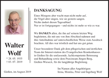 Traueranzeige von Walter Wolf von Giessener Allgemeine, Alsfelder Allgemeine