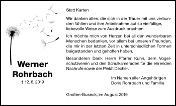 Traueranzeige von Werner Rohrbach von Giessener Allgemeine, Alsfelder Allgemeine