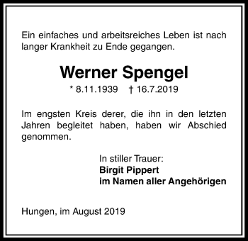 Traueranzeige von Werner Spengel von Licher Wochenblatt
