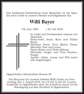 Traueranzeige von Willi Bayer von Wetterauer Zeitung
