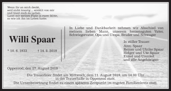 Traueranzeige von Willi Spaar von Giessener Allgemeine, Alsfelder Allgemeine