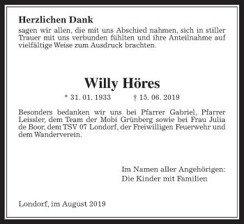 Traueranzeige von Willy Höres von Rabenauer Zeitung