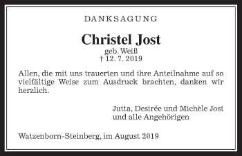Traueranzeige von christel Jost von Pohlheimer Nachrichten