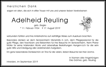 Traueranzeige von Adelheid Reuling von Licher Wochenblatt