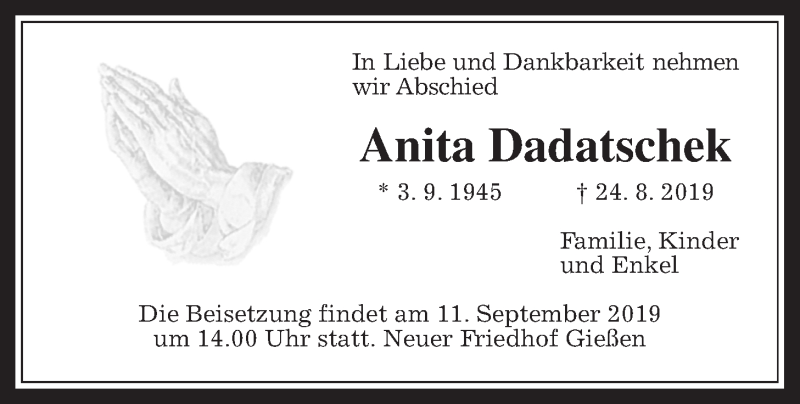  Traueranzeige für Anita Dadatschek vom 07.09.2019 aus Giessener Allgemeine, Alsfelder Allgemeine