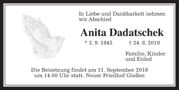 Traueranzeige von Anita Dadatschek von Giessener Allgemeine, Alsfelder Allgemeine