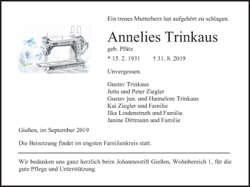 Traueranzeige von Annelies Trinkaus von Giessener Allgemeine, Alsfelder Allgemeine