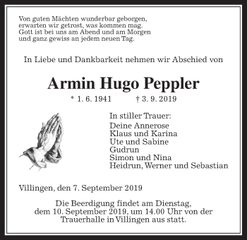 Traueranzeige von Armin Hugo Peppler von Giessener Allgemeine, Alsfelder Allgemeine