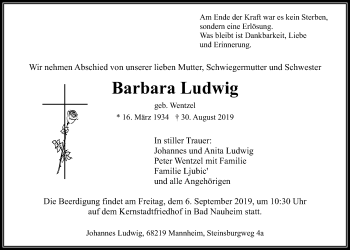 Traueranzeige von Barbara Ludwig von Wetterauer Zeitung