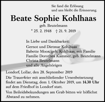 Traueranzeige von Beate Sophie Kohlhaas von Giessener Allgemeine, Alsfelder Allgemeine