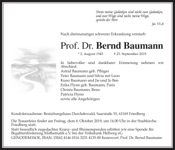Traueranzeige von Bernd Baumann von Wetterauer Zeitung