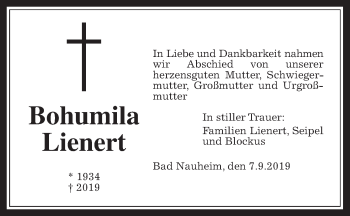 Traueranzeige von Bohumila Lienert von Wetterauer Zeitung
