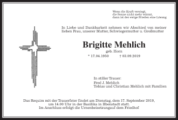 Traueranzeige von Brigitte Mehlich von Wetterauer Zeitung