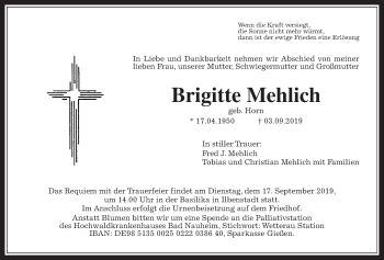 Traueranzeige von Brigitte Mehlich von Wetterauer Zeitung