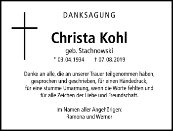Traueranzeige von Christa Kohl von Bad Vilbel/Karben