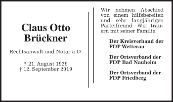 Traueranzeige von Claus Otto Brückner von Wetterauer Zeitung