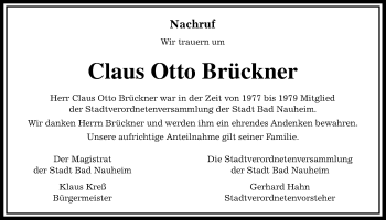 Traueranzeige von Claus Otto Brückner von Wetterauer Zeitung