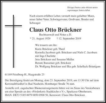 Traueranzeige von Claus Otto Brückner von Wetterauer Zeitung