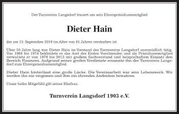 Traueranzeige von Dieter Hain von Giessener Allgemeine, Alsfelder Allgemeine