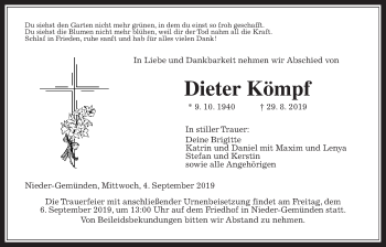 Traueranzeige von Dieter Kömpf von Alsfelder Allgemeine