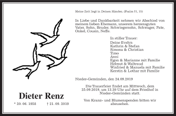 Traueranzeige von Dieter Renz von Alsfelder Allgemeine