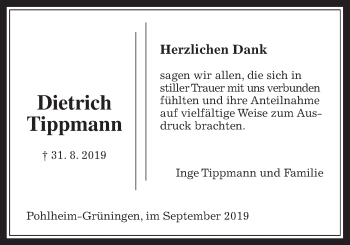 Traueranzeige von Dietrich Tippmann von Pohlheimer Nachrichten