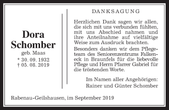 Traueranzeige von Dora Schomber von Rabenauer Zeitung