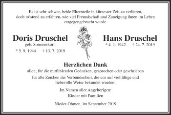 Traueranzeige von Doris Druschel von Alsfelder Allgemeine