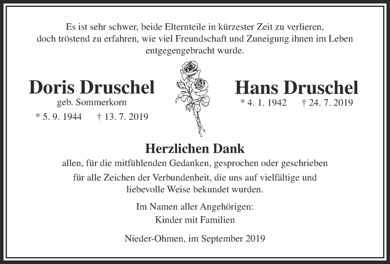  Traueranzeige für Doris Druschel vom 07.09.2019 aus Alsfelder Allgemeine