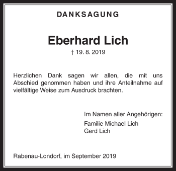 Traueranzeige von Eberhard Lich von Rabenauer Zeitung