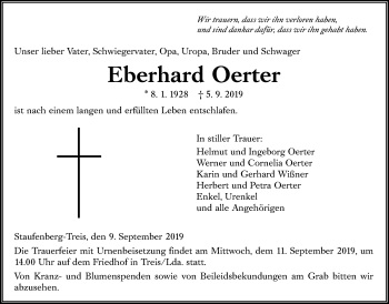 Traueranzeige von Eberhard Oerter von Giessener Allgemeine, Alsfelder Allgemeine