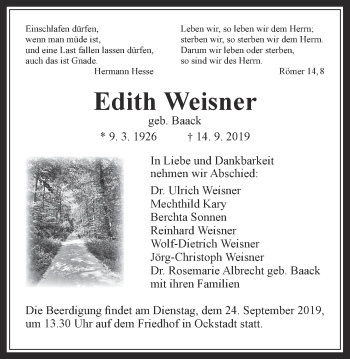 Traueranzeige von Edith Weisner von Wetterauer Zeitung