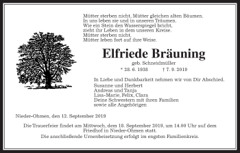 Traueranzeige von Elfriede Bräuning von Alsfelder Allgemeine, Mücker Stimme