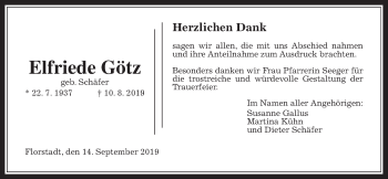 Traueranzeige von Elfriede Götz von Wetterauer Zeitung