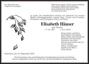 Traueranzeige von Elisabeth Häuser von Giessener Allgemeine, Alsfelder Allgemeine
